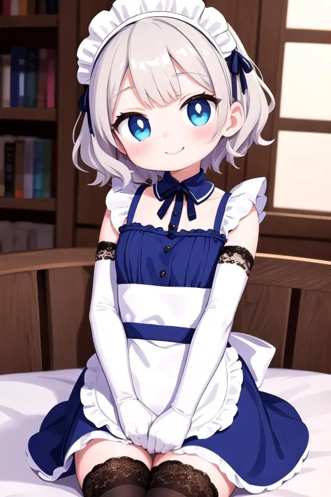 1girl,kawaii,smile,short hair,(curly hair:1.1),blue maid costume,lace trim blue thighhighs,maid headdress,lace trim elbow gloves,looking at viewer,