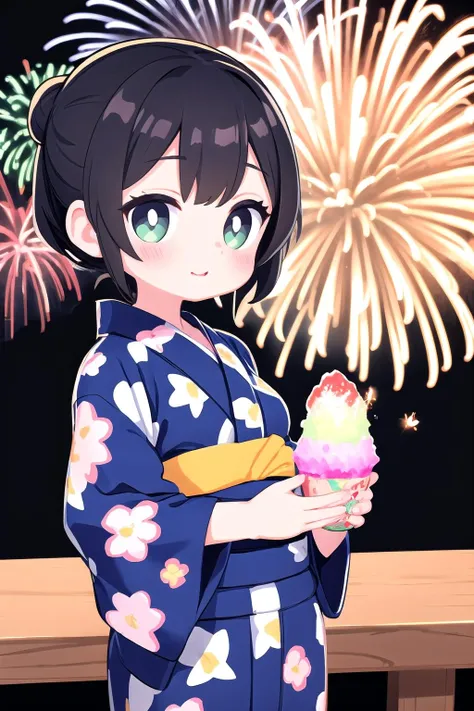 detailed illustration,flat color,1girl,kawaii,yukata,fireworks,shaved ice,