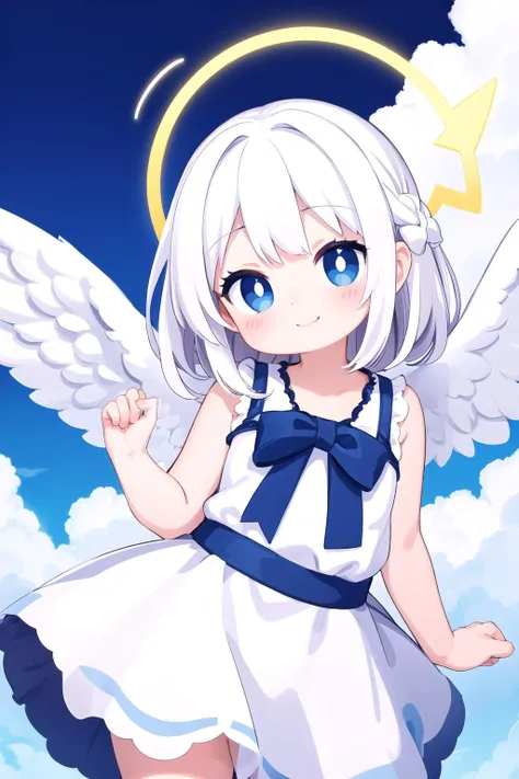 kawaii angel girl,white hair,angel halo,light smile,in sky