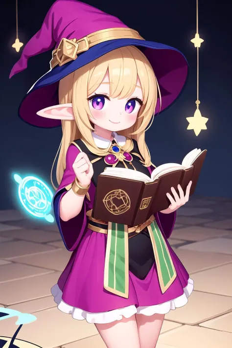 1girl,cute,elf,magical girl,witch hat,magic circle,casting spell,holding book,open book,cowboy shot,remains,tile floor,smile,