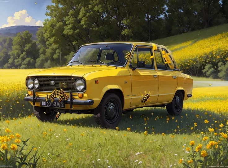 realistic photo of a lada, on (yellow field:1.2), (bees:1.2),  by Jeremy Lipking, by William Bouguereau, (by Alphonse Mucha:0.5),  sabudenego, jeremy lipking, masterpiece