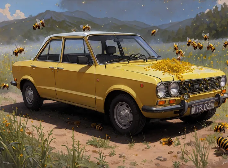 realistic photo of a lada, on (in the hell:1.2), (bees:1.2),  by Jeremy Lipking, by William Bouguereau, (by Alphonse Mucha:0.5),  sabudenego, jeremy lipking, masterpiece