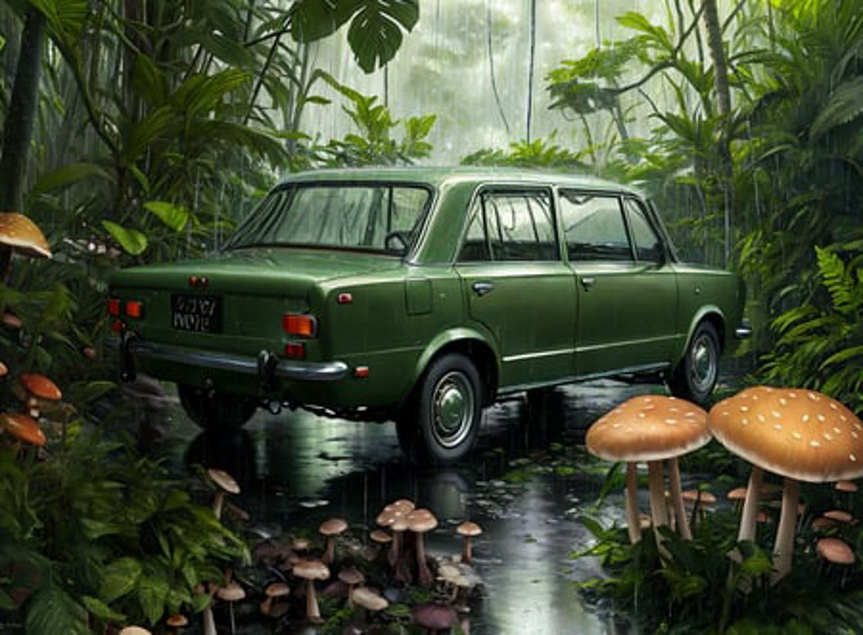 realistic photo of a lada, in (rain forest:1.4), (mushrooms:1.2), by Jeremy Lipking, by William Bouguereau, (by Alphonse Mucha:0.5), sabudenego, jeremy lipking, masterpiece