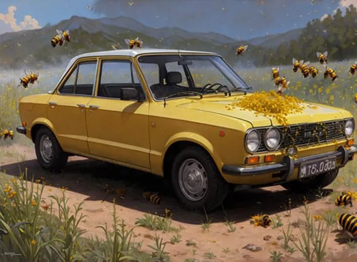 realistic photo of a lada, on (in the hell:1.2), (bees:1.2), by Jeremy Lipking, by William Bouguereau, (by Alphonse Mucha:0.5), sabudenego, jeremy lipking, masterpiece
