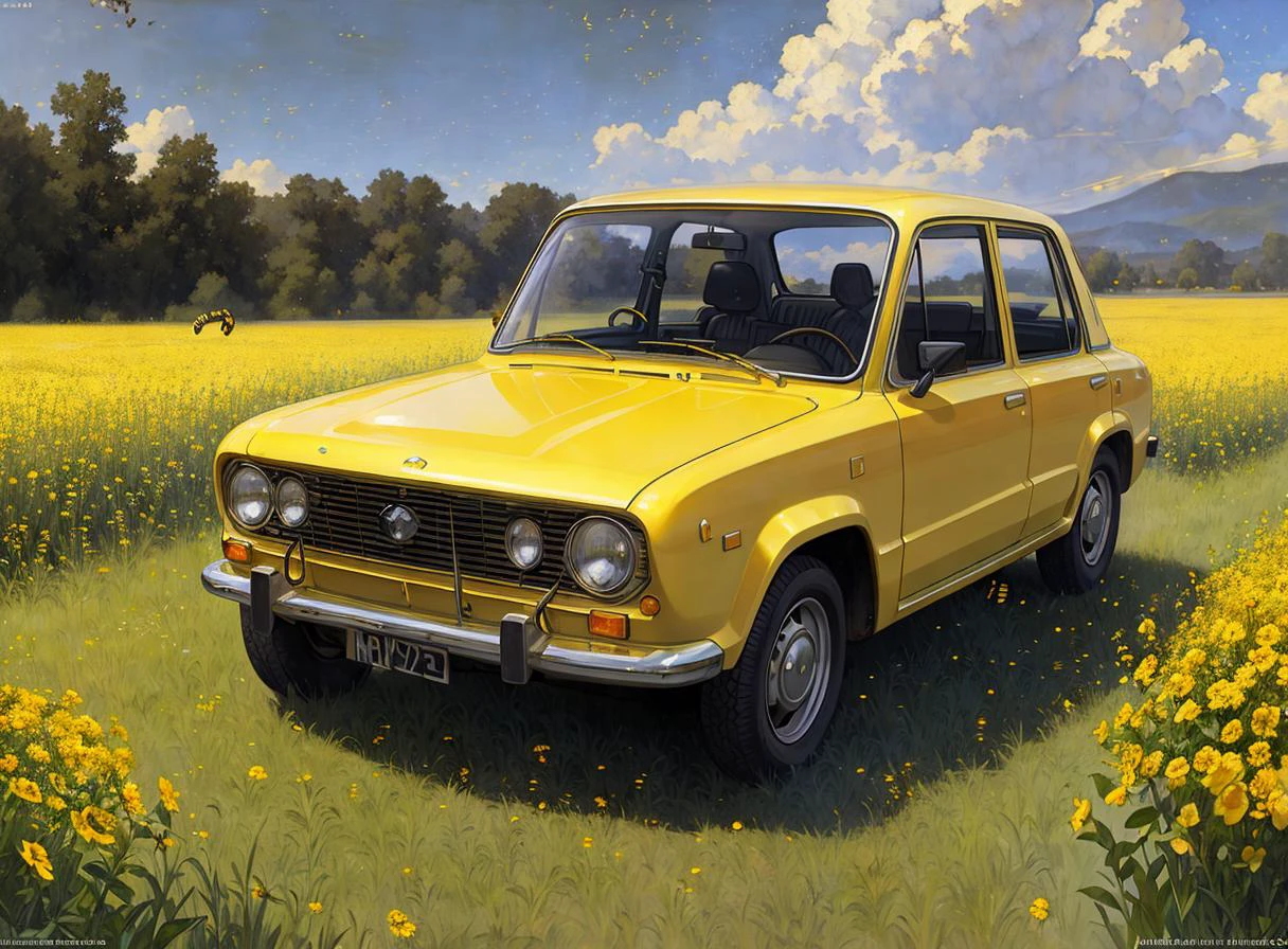 realistic photo of a lada, on (yellow field:1.2), (bees:1.2), by Jeremy Lipking, by William Bouguereau, (by Alphonse Mucha:0.5), sabudenego, jeremy lipking, masterpiece