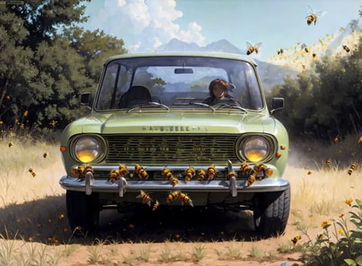 realistic photo of a lada, on (in the hell:1.2), (bees:1.2), by Jeremy Lipking, by William Bouguereau, (by Alphonse Mucha:0.5), sabudenego, jeremy lipking, masterpiece