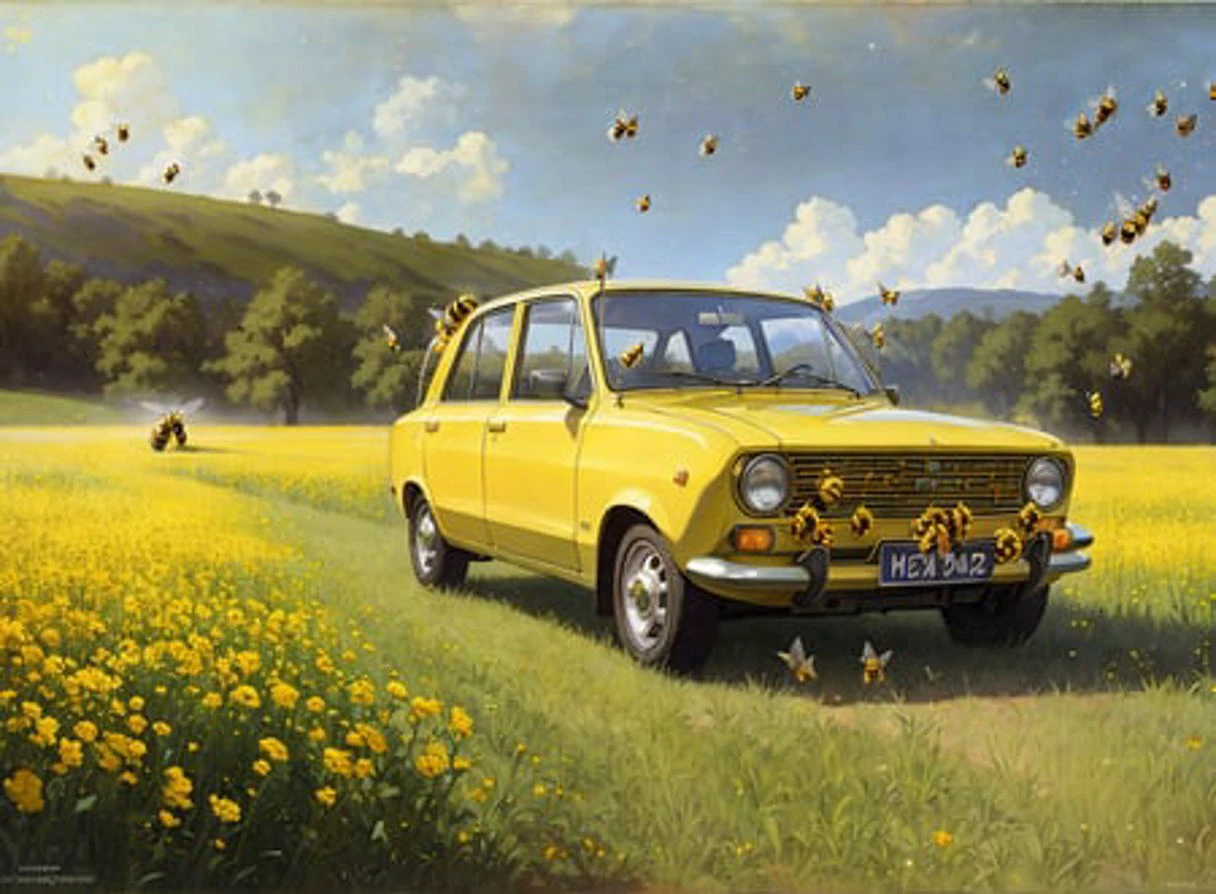 realistic photo of a lada, on (yellow field:1.2), (bees:1.2), by Jeremy Lipking, by William Bouguereau, (by Alphonse Mucha:0.5), sabudenego, jeremy lipking, masterpiece