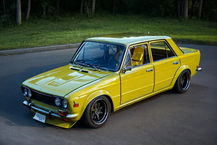 (best quality, masterpiece),  dutch angle, photo of a yellow lada, <lora:my_LoRA_lada_v1:0.6>, widebody sports car, large fender flares, deep dish rims, ground vehicle, motor vehicle, <lora:conceptWB_v1:0.9>