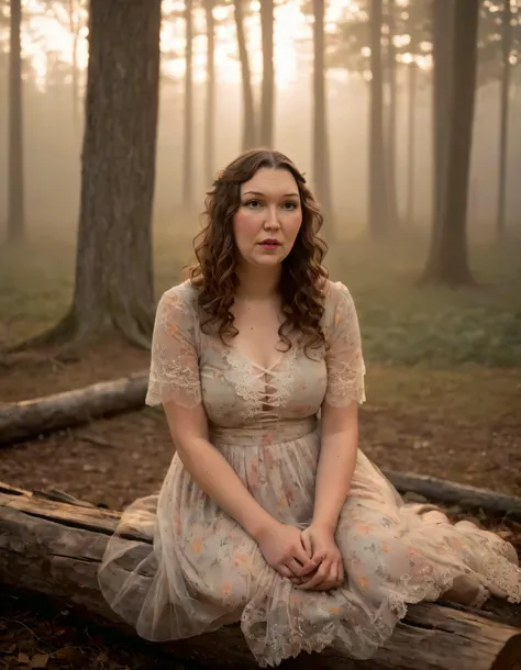 In this moody indie-folk inspired portrait of Gretchen Vosburgh, a woman with long curly brown hair sits cross-legged on a weathered log in a misty forest glade at dusk, her bohemian-inspired ensemble of lace-trimmed tulle and a faded floral print dress seeming to shimmer as it interacts with the low angle camera and soft golden light filtering through the trees, revealing a wistful expression that's part contemplative, part gaze out at some unseen horizon. <lora:qvluzy18f4a5acd6dt49cb:1>