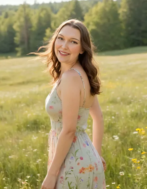 In a serene and sun-dappled meadow, with wildflowers dancing around her ankles, Gretchen Vosburgh, a young woman with luscious brown locks cascading down her back, stands alone, her hands delicately resting on the straps of her flowy, pastel sundress, her warm brown eyes sparkling with life and a gentle, inviting smile playing upon her lips as she gazes directly at the viewer, inviting them into this enchanting scene. <lora:vzvlyq18f4b5e35b0z6dc:1>