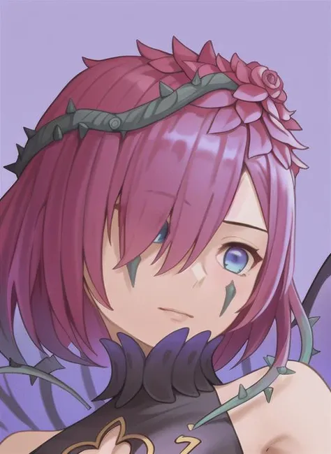 1girl, fairy_wings, butterfly_wings, ( head wreath vines single red_rose hair_ornament ) , hair_over_one_eye, red_hair, medium_hair, (blue eyes facial_mark), looking_at_viewer, smile, ( hair tips green vines thorns), portrait, close-up, looking away, purple background, black dress, cleavage cutout, <lora:triandra-v2-10:0.8> <lora:bartolomeobariStyle_v10:01>