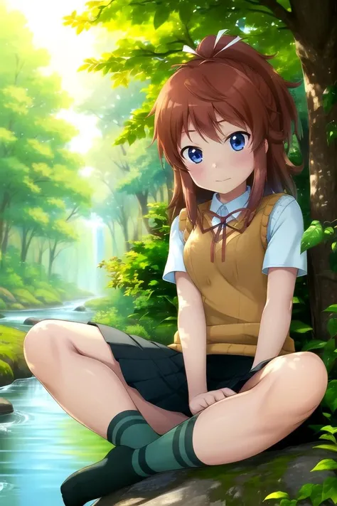 (masterpiece, best quality, detailed), <lora:NatSP:1>, koshigaya natsumi, sweater vest, shirt, neck ribbon, pleated skirt, socks, bright background, forest, nature, sunshines through the leaves, butterfly, river, close