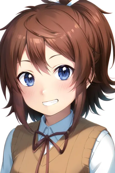 (masterpiece, best quality, detailed), <lora:NatSP:1>, koshigaya natsumi, sweater vest, shirt, neck ribbon, open, smile, teeth, looking at viewer, white background, simple background