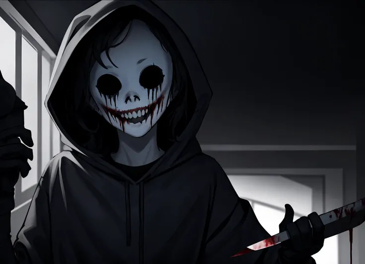 dark theme, horror theme, creepy_pasta, looking at viewer, mask, teeth, hood, hood up, holding, weapon, holding weapon, grin, glowing, knife, cloak, holding knife, dark, dagger, blood on weapon, upper body, <lora:creepy_pasta-10:1>, <lora:LowRA:0.8>