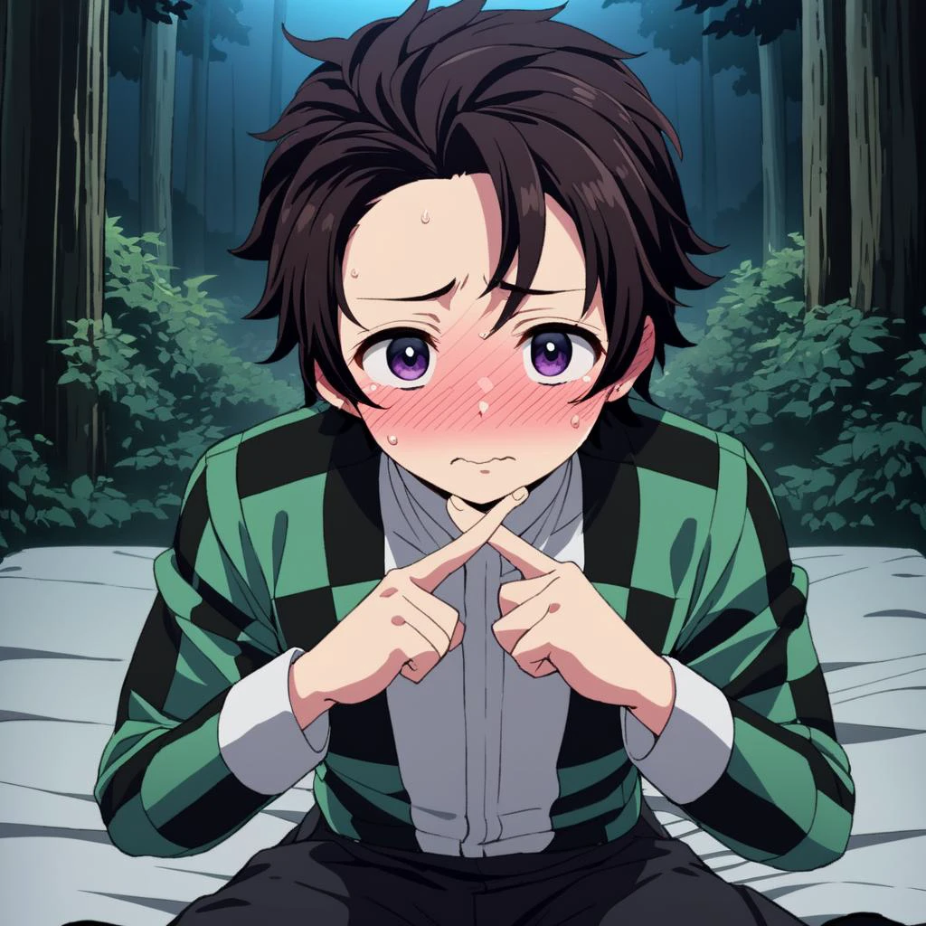 1boy,Juvenal, ultra detailed face
masterpiece, ultra detail, forest, (upper body:1.4), tanjiro, checkered clothes,demon slayer uniform, black pants, sitting
<lora:tanjiro-000009:0.6>, night, on bed,wariza, blush, nose blush, embarrassed, <lora:xfingersXLv2:0.7>,x fingers, best quality,medium quality,