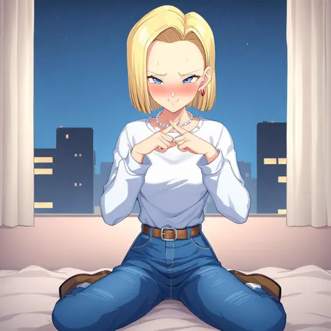 sysdeep_android18, 1girl, solo, breasts, smile, short_hair, blue_eyes, blonde_hair, shirt, long_sleeves, jewelry, medium_breasts, earrings, belt, pants, necklace, denim, casual, jeans, bead_necklace, pearl_necklace,  <lora:Android 18 - [Dragonball} - XL Version 1:0.8>,night, on bed,wariza, blush, nose blush, embarrassed, <lora:xfingersXLv2:0.7>,x fingers, best quality,medium quality