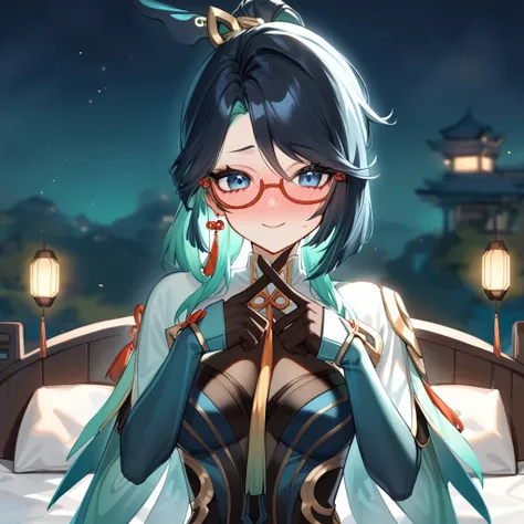 masterpiece, best quality, ultra detailed, BREAK 
1girl, solo, female, xianyunexp, blue eyes, multicolored hair, ponytail, hair ornament, glasses,
 chinese clothes, bodysuit, jewelry, earrings, black gloves, tassel, saying hi, waving hand, upper body, light smile, outdoors, looking at viewer, cowboy shot, colorful, vivid, <lora:Xianyun_XL-000008:0.8>,night, on bed,wariza, blush, nose blush, embarrassed, <lora:xfingersXLv2:0.7>,x fingers, best quality,medium quality