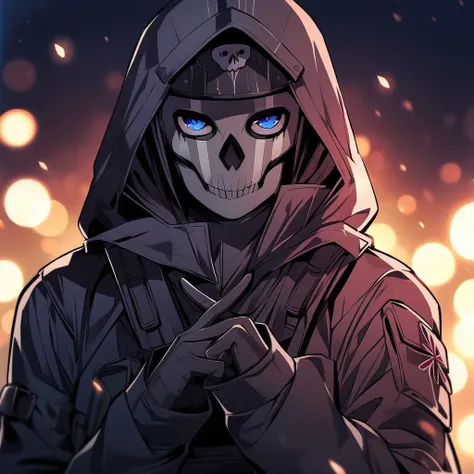 cinematic film still of closeup Simon Ghost Riley a man in a skull mask and hood standing in the dark modern warfare style,solo,looking at viewer,blue eyes,1boy,upper body,male focus,hood,mask,skull,skull mask modern warfare style
<lora:Modern Warfare style:0.45> <lora:Simon Ghost Riley:1>, shallow depth of field, vignette, highly detailed, high budget, bokeh, cinemascope, moody, epic, gorgeous, film grain, grainy,night, on bed,wariza, blush, nose blush, embarrassed, <lora:xfingersXLv2:0.7>,x fingers, best quality,medium quality