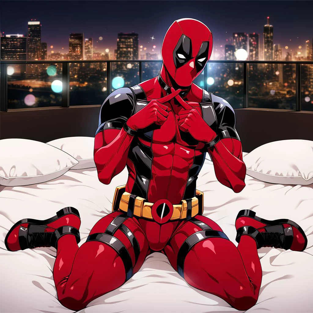 Deadpool1024, an man in a superhero suit, full body, highly detailed , ultra sharp, photograph, film, bokeh, professional, 4k, highly detailed <lora:add-detail-xl:1.5> <lora:Deadpool1024-000280:0.8>,night, on bed,wariza, blush, nose blush, embarrassed, <lora:xfingersXLv2:0.7>,x fingers, best quality,medium quality,