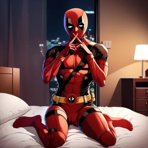 Deadpool1024, an man in a superhero suit, full body, highly detailed , ultra sharp, photograph, film, bokeh, professional, 4k, highly detailed <lora:add-detail-xl:1.5> <lora:Deadpool1024-000280:0.8>,night, on bed,wariza, blush, nose blush, embarrassed, <lora:xfingersXLv2:0.7>,x fingers, best quality,medium quality,