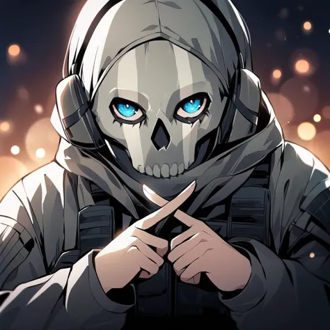 cinematic film still of closeup Simon Ghost Riley a man in a skull mask and hood standing in the dark modern warfare style,solo,looking at viewer,blue eyes,1boy,upper body,male focus,hood,mask,skull,skull mask modern warfare style
<lora:Modern Warfare style:0.45> <lora:Simon Ghost Riley:1>, shallow depth of field, vignette, highly detailed, high budget, bokeh, cinemascope, moody, epic, gorgeous, film grain, grainy,night, on bed,wariza, blush, nose blush, embarrassed, <lora:xfingersXLv2:0.7>,x fingers, best quality,medium quality