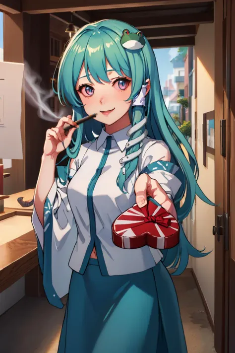 (masterpiece, best quality:1.2), solo, 1girl, kochiya sanae, smile, looking at viewer, IncrsGift, incoming gift, stoned, smoking, hair tubes, frog hair ornament, snake hair ornament, shirt, long sleeves, wide sleeves, blue skirt <lora:touhou_kochiya-10:0.8> <lora:IncomingValentineGiftPOVOneHandV3:1> <lora:Stoned-Concept_Fp:1.1>