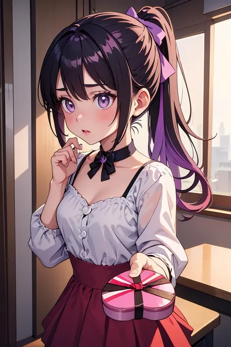 (masterpiece, best quality), 1girl, Violet Ombre Slicked-Back High Ponytail with Bow, tiny breasts, <lora:IncomingValentineGiftPOVOneHandV3:0.8> IncrsGift, incoming gift
