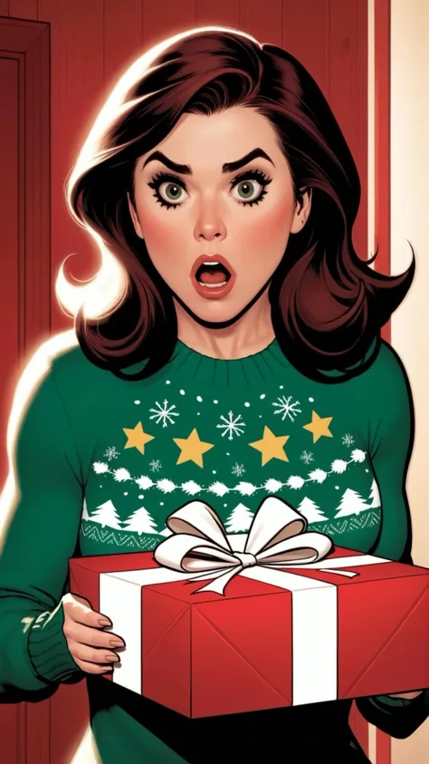line art drawing 1woman, looking into a gift box, shocked look on her face,wearing festive christmas sweater, cozy cabin interior background, view from inside the box <lora:adam_hughes_xl_v1:1> Adam Hughes <lora:comic book magazine:1> Comic Book Magazine Style . professional, sleek, modern, minimalist, graphic, line art, vector graphics