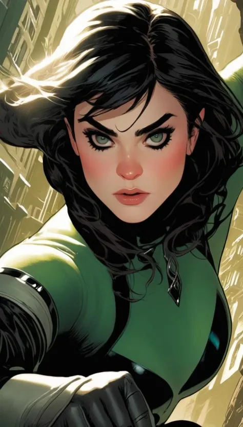 Extreme close-up, portrait of a female rogue, extremely beautiful detailed piercing eyes, hero view, action pose, cinematic scene, scenery, detailed background, masterpiece, best quality, high quality, highres, absurdres, very detailed, high resolution, sharp, sharp image, 8k, vivid, colorful, stunning, Adam Hughes <lora:adam_hughes_xl_v1:1>