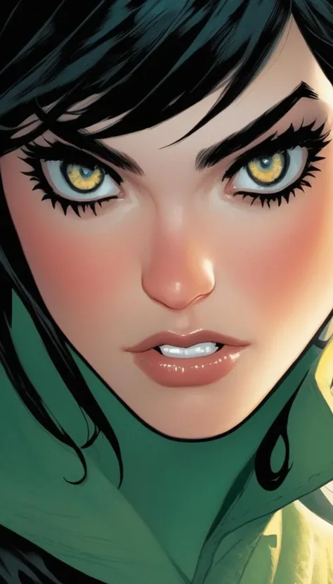 Extreme close-up, portrait of a female rogue, extremely beautiful detailed piercing eyes, hero view, action pose, cinematic scene, scenery, detailed background, masterpiece, best quality, high quality, highres, absurdres, very detailed, high resolution, sharp, sharp image, 8k, vivid, colorful, stunning, Adam Hughes <lora:adam_hughes_xl_v1:1>