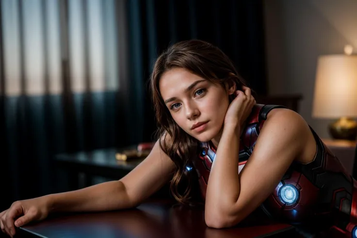 Marvel s,photo of a 18 year old girl,ironman,rest her head and arms on the table,ray tracing,detail shadow,shot on Fujifilm X-T4,85mm f1.2,depth of field,blurry background,bokeh,motion blur,<lora:add_detail:1>,