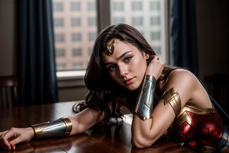 DC s,photo of a 18 year old girl,wonder woman,rest her head and arms on the table,ray tracing,detail shadow,shot on Fujifilm X-T4,85mm f1.2,depth of field,blurry background,bokeh,motion blur,<lora:add_detail:1>,