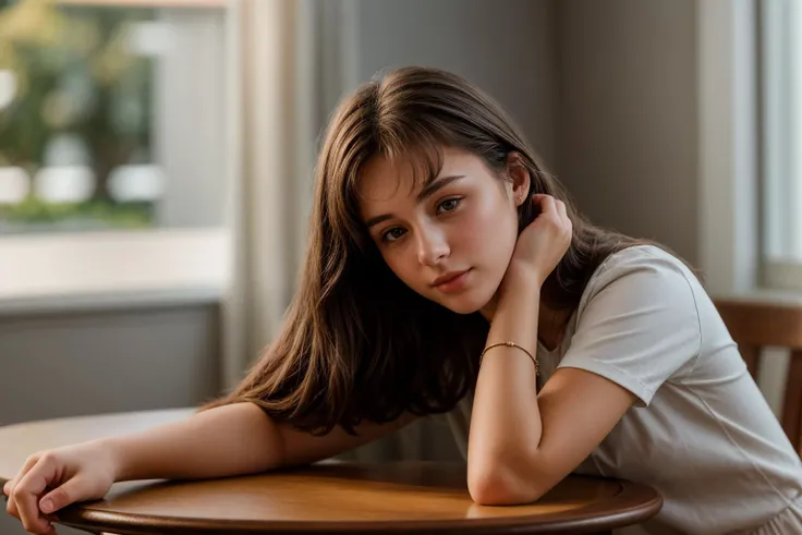 photo of a 18 year old girl,rest her head and arms on the table,ray tracing,detail shadow,shot on Fujifilm X-T4,85mm f1.2,depth of field,blurry background,bokeh,motion blur,<lora:add_detail:1>,
