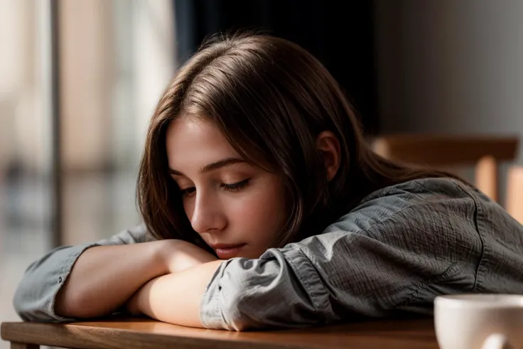 photo of a 18 year old girl,rest her head and arms on the table,ray tracing,detail shadow,shot on Fujifilm X-T4,85mm f1.2,depth of field,bokeh,motion blur,<lora:add_detail:1>,