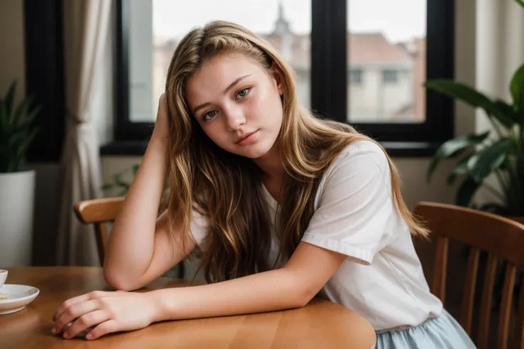 photo of a 18 year old girl,rest her head and arms on the table,ray tracing,detail shadow,shot on Fujifilm X-T4,85mm f1.2,depth of field,bokeh,motion blur,<lora:add_detail:1>,