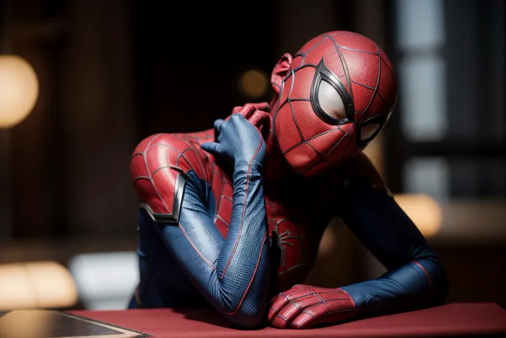 Marvel s,photo of a 18 year old girl,spiderman,rest her head and arms on the table,happy,laughing,ray tracing,detail shadow,shot on Fujifilm X-T4,85mm f1.2,depth of field,blurry background,bokeh,motion blur,<lora:add_detail:1>,