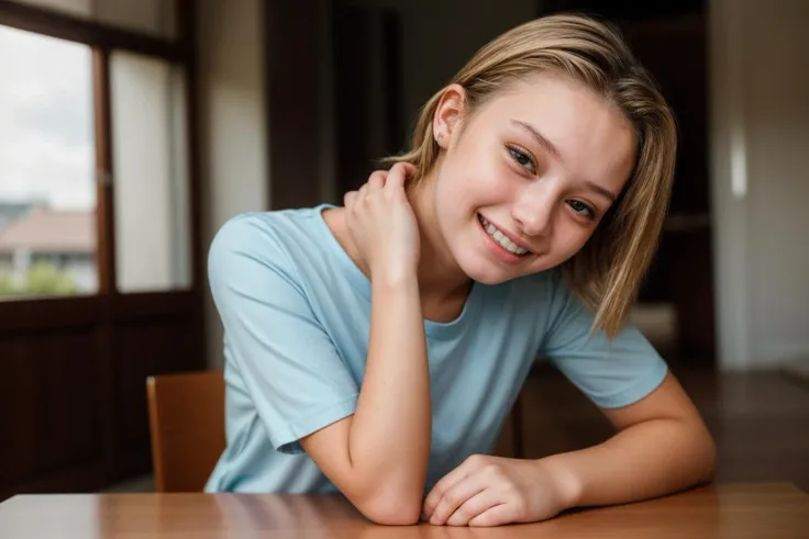 photo of a 18 year old girl,rest her head and arms on the table,happy,laughing,shirt,ray tracing,detail shadow,shot on Fujifilm X-T4,85mm f1.2,depth of field,blurry background,bokeh,motion blur,<lora:add_detail:1>,