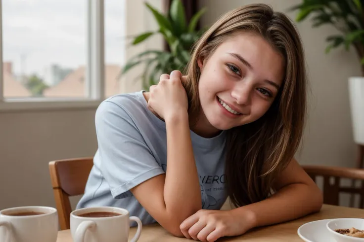 photo of a 18 year old girl,rest her head and arms on the table,happy,laughing,shirt,pants,ray tracing,detail shadow,shot on Fujifilm X-T4,85mm f1.2,depth of field,blurry background,bokeh,motion blur,<lora:add_detail:1>,