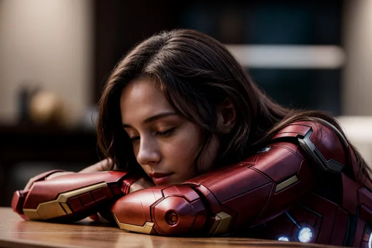 Marvel s,photo of a 18 year old girl,ironman,rest her head and arms on the table,ray tracing,detail shadow,shot on Fujifilm X-T4,85mm f1.2,depth of field,bokeh,motion blur,<lora:add_detail:1>,