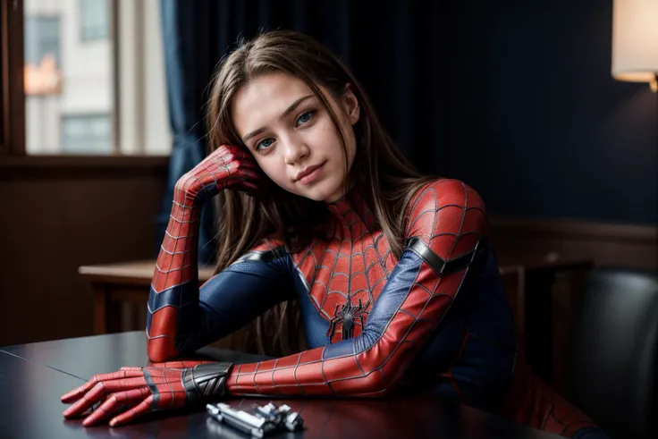 Marvel s,photo of a 18 year old girl,spiderman,rest her head and arms on the table,ray tracing,detail shadow,shot on Fujifilm X-T4,85mm f1.2,depth of field,bokeh,motion blur,<lora:add_detail:1>,