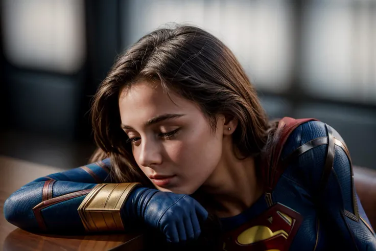 DC s,photo of a 18 year old girl,supergirl,rest her head and arms on the table,ray tracing,detail shadow,shot on Fujifilm X-T4,85mm f1.2,depth of field,bokeh,motion blur,<lora:add_detail:1>,