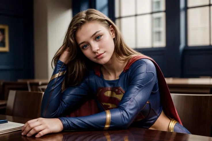 DC s,photo of a 18 year old girl,supergirl,rest her head and arms on the table,ray tracing,detail shadow,shot on Fujifilm X-T4,85mm f1.2,depth of field,bokeh,motion blur,<lora:add_detail:1>,