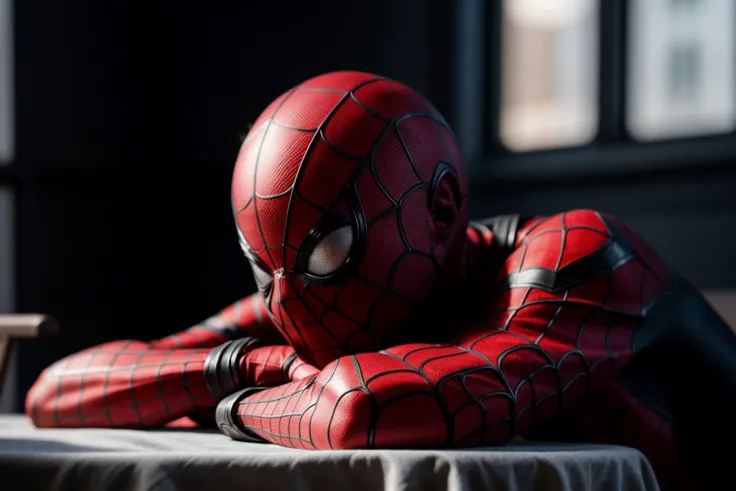 Marvel s,photo of a 18 year old girl,spiderman,rest her head and arms on the table,ray tracing,detail shadow,shot on Fujifilm X-T4,85mm f1.2,depth of field,bokeh,motion blur,<lora:add_detail:1>,