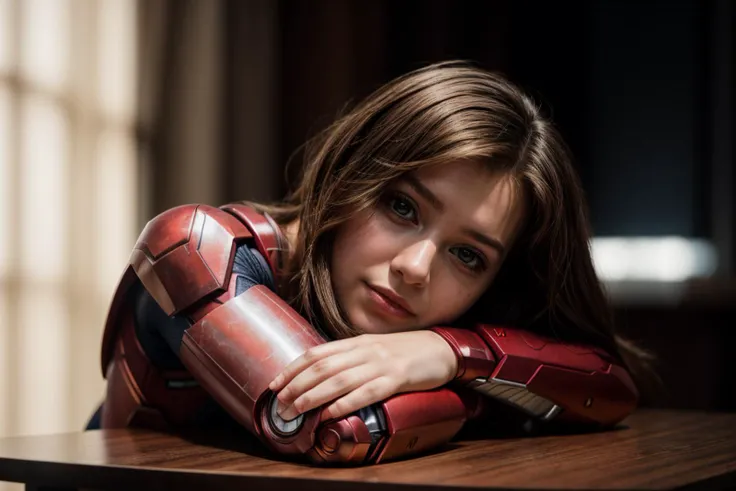 marvel s,photo of a 18 year old girl,ironman,rest her head and arms on the table,ray tracing,detail shadow,shot on Fujifilm X-T4,85mm f1.2,sharp focus,depth of field,blurry background,bokeh,<lora:add_detail:1>,