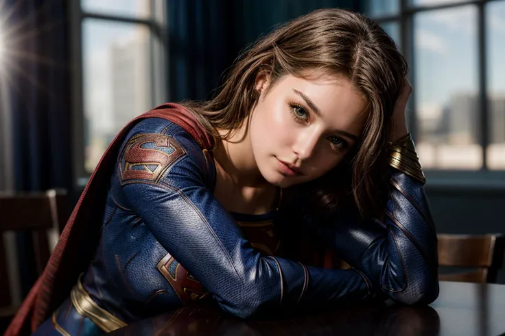 DC s,photo of a 18 year old girl,supergirl,rest her head and arms on the table,ray tracing,detail shadow,shot on Fujifilm X-T4,85mm f1.2,depth of field,bokeh,motion blur,<lora:add_detail:1>,