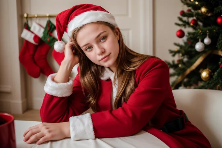 photo of a 18 year old girl,rest her head and arms on the table,Santa Clausâs outfit,Red Coat,Red Hat,White Gloves,christmas theme,Christmas tree,ray tracing,detail shadow,shot on Fujifilm X-T4,85mm f1.2,depth of field,bokeh,motion blur,<lora:add_detail:1>,