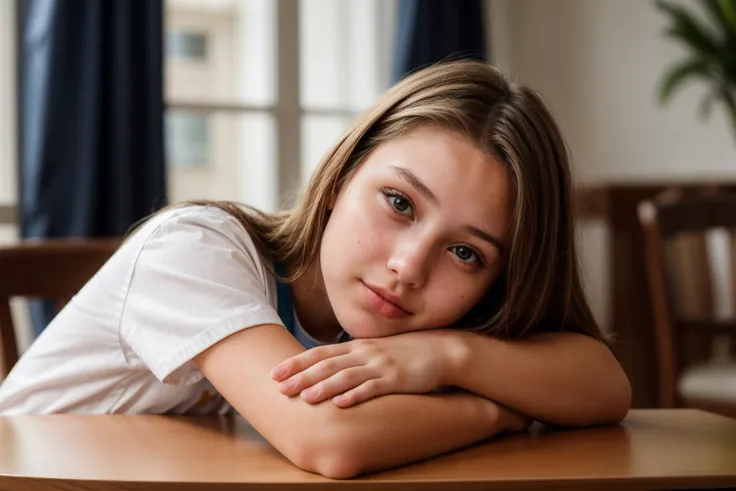 photo of a 18 year old girl,rest her head and arms on the table,shirt,ray tracing,detail shadow,shot on Fujifilm X-T4,85mm f1.2,sharp focus,depth of field,blurry background,bokeh,<lora:add_detail:1>,