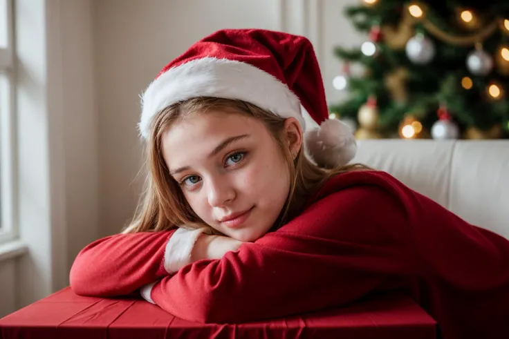 photo of a 18 year old girl,rest her head and arms on the table,Santa Clausâs outfit,Red Coat,Red Hat,White Gloves,christmas theme,Christmas tree,ray tracing,detail shadow,shot on Fujifilm X-T4,85mm f1.2,depth of field,bokeh,motion blur,<lora:add_detail:1>,