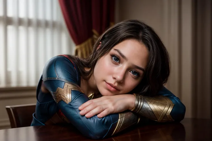 DC s,photo of a 18 year old girl,wonder woman,rest her head and arms on the table,ray tracing,detail shadow,shot on Fujifilm X-T4,85mm f1.2,sharp focus,depth of field,blurry background,bokeh,<lora:add_detail:1>,