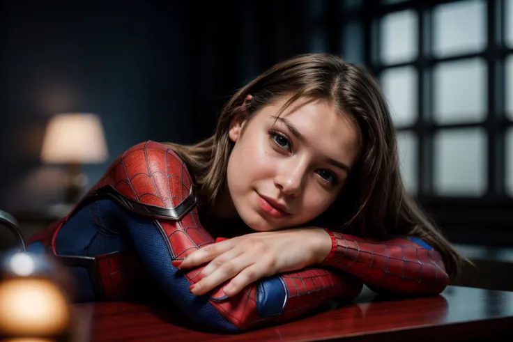 marvel s,photo of a 18 year old girl,spiderman,rest her head and arms on the table,ray tracing,detail shadow,shot on Fujifilm X-T4,85mm f1.2,sharp focus,depth of field,blurry background,bokeh,<lora:add_detail:1>,